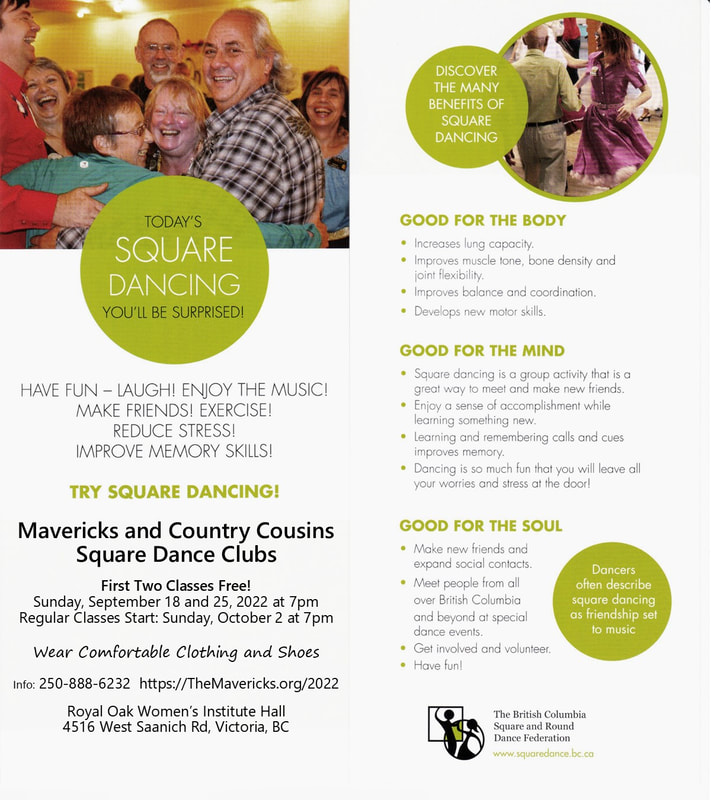 Today's Square Dancing Two-sided Card for Mavericks and Country Cousins 2022-2023 Square Dance Classes and Refresher Course